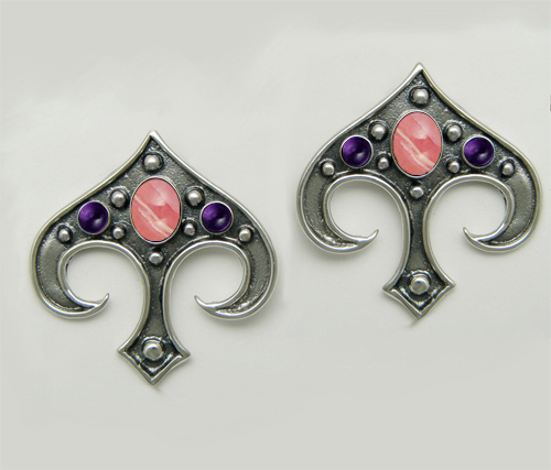 Sterling Silver Gothic Inspired Drop Dangle Earrings With Rhodocrosite And Amethyst